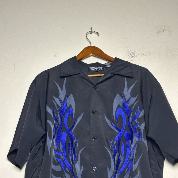Dragonfly Men L Embroidered Y2K Western Tribal Pattern Blue Button Up Shirt Rock - Picture 10 of 12